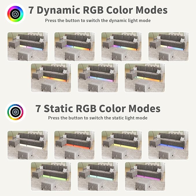 Sectional Couches for Living Room 6-Seats Soft Linen Fabric Sectional Sofa with Storage Ottoman Modern Convertible U/L Shaped Couch with Smart Charging Module/LED Light/Music Sync (Light Grey)