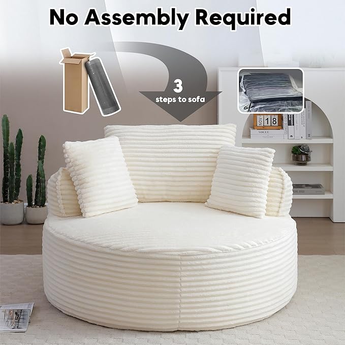 Oversized Round Chair Lounge Chaise Indoor 53.5 Corduroy Boneless Round Chair Fluffy Single Deep Seat Cloud Sofa Chairs Modern Circle Chaise Lounge for Bedroom Living Room Beige White
