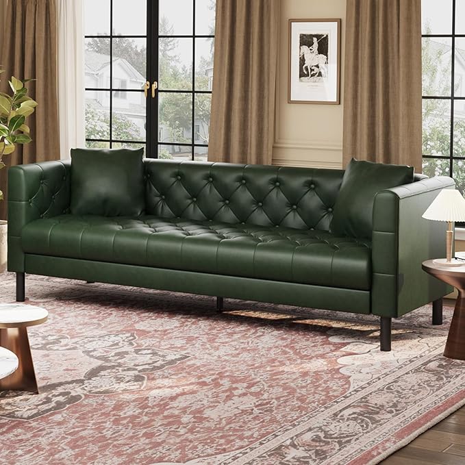 Garvee 81 Inch Leather Couch for Living Room Modern Leather Sofa with Deep Seat Handmade Button Tufted 3 Seater Sofa Chesterfield Couch for Apartment Office Black Green