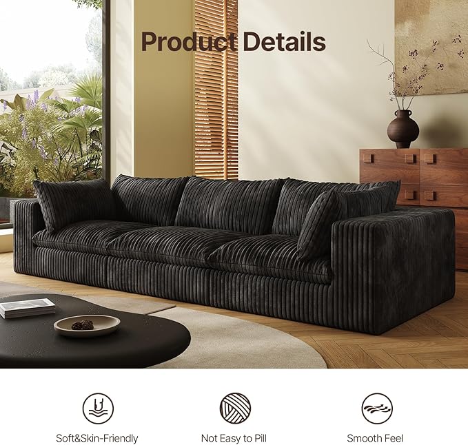 118-inch Boneless Cloud Sofa Modular Corduroy Sectional Couch with Full Foam Compression for Living Room Bedroom Apartment No Assembly Required (Black 3 Seater)