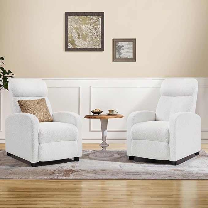Yaheetech 2-Seat Boucle Pushback Recliner Chair Living Room Chair with Thick Seat Cushion and Backrest Reclining Chair for Living Room White