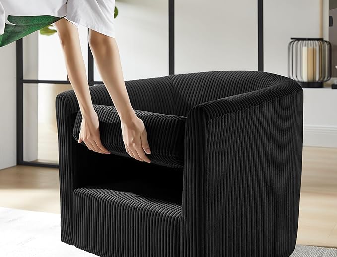 Boucle Swivel Barrel Chair with Ottoman White Sherpa Accent Chair with Curved Backrest &amp Pillow Comfy Upholstered Armchair for Living Room Bedroom Reading Spaces (Black)