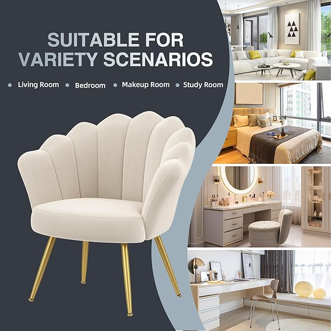 Alunaune Mid Century Velvet Living Room Chair Accent Chairs Upholstered Vanity Chair for Makeup Room Modern Barrel Arm Chair Guest Leisure Chair Comfy for Bedroom-Ivory