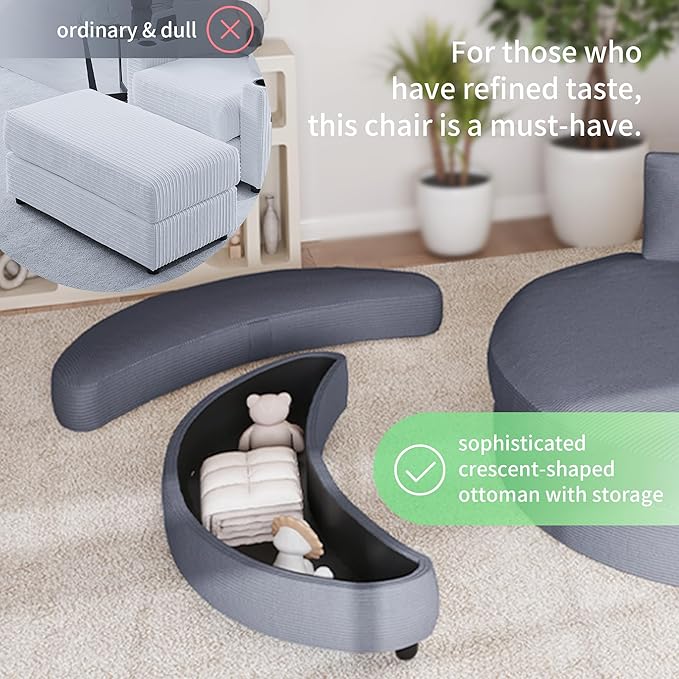 Yoglad 51” Swivel Barrel Chair with Storage Ottoman Corduroy Upholstered Accent Chair and A Half with Tray Table Oversized Chaise Lounge Round Sofa Chair for Living Room Bedroom(Grey)