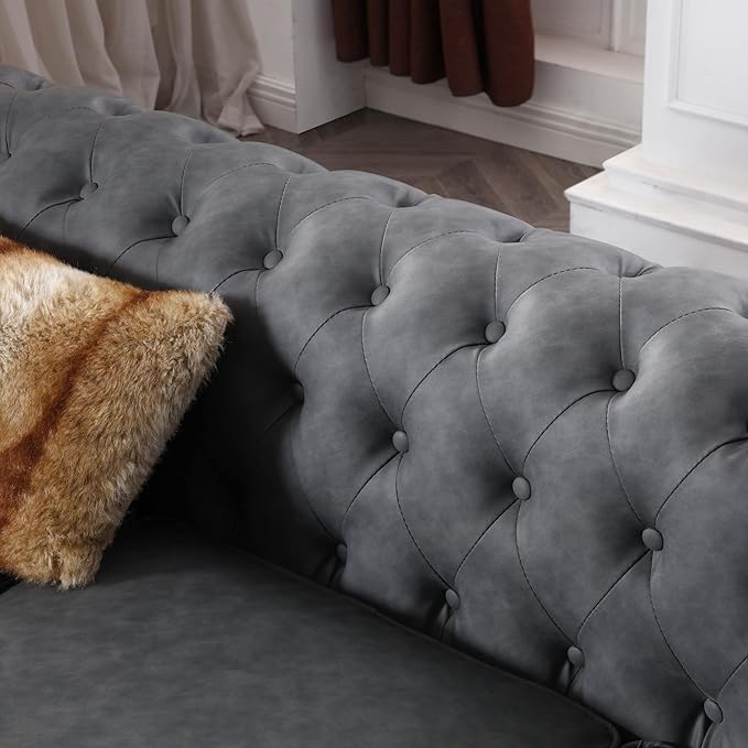 Harper &amp Bright Designs Faux Leather Upholstered 3-Seater Living Room Sofa with Button and Copper Nail on Arms Classic Chesterfield Sofa Dark Grey