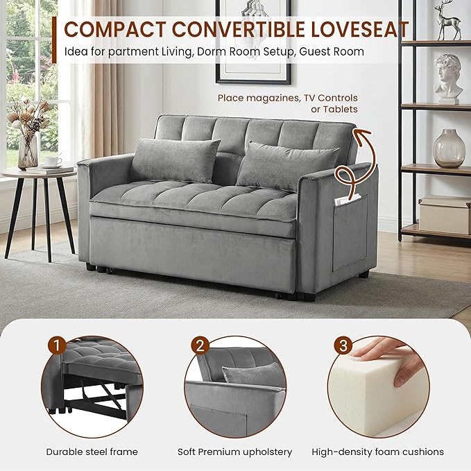Convertible Sofa Bed 3 in 1 Pull Out Loveseat Sleeper Couch with Adjustable Backrest Side Pocket Two Pillows for Apartment Dorm Room Bedroom and Small Space | Velvet Fabric