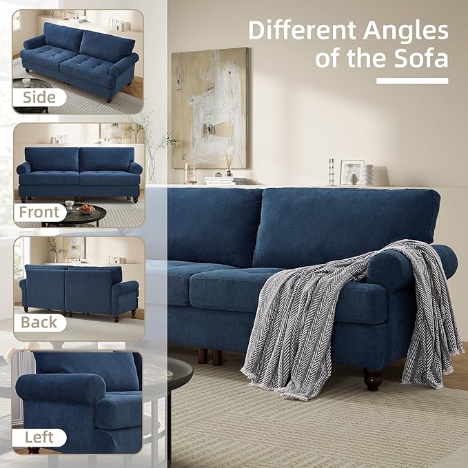 81” Rolled Arm Sofa Couch with Storage Mid Century Modern Decor Loveseat Couches for Living Room Button Tufted Upholstered Small Couch for Bedroom Apartment (Blue)