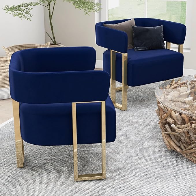 AODAILIHB Modern Accent Chair Blue Velvet Barrel Chairs with Gold Metal Legs - Upholstered Armchairs for Living Room Bedroom Lounge &amp Waiting Room