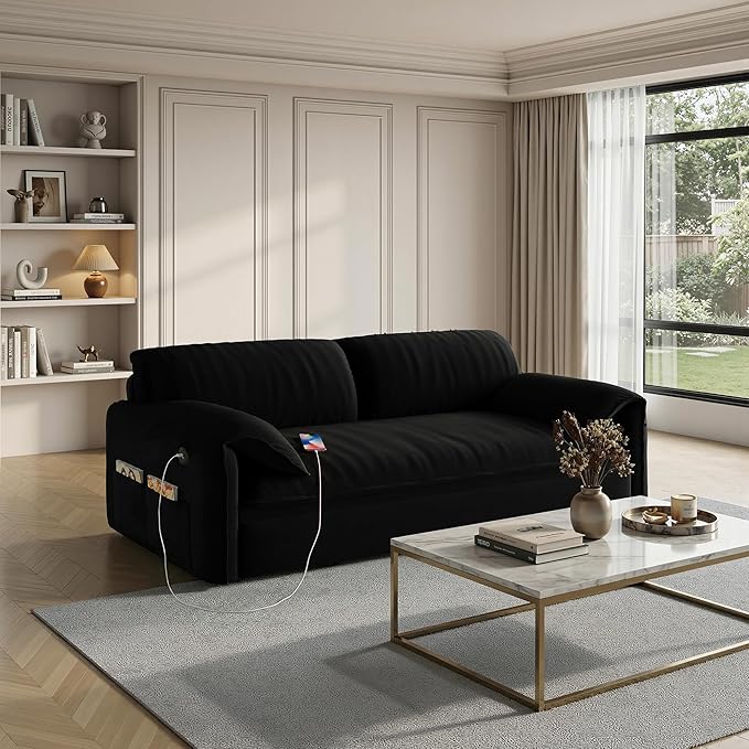Queen Pull Out Futon Sofa Bed with USB Ports 3-in-1 Modern Convertible Sleeper Sofa with Side Pocket ＆ Rivets Comfy Corduroy Loveseat Couch for Living Room Bedroom Apartment (Black Velvet)