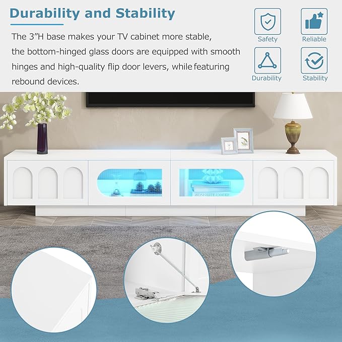 Merax TV Stand for Televisions Up to 95'' Functional Media Console with APP-Controlled Smart LED Light Arched Cabinet Doors and Fluted Glass Doors Entertainment Center for Living Room White