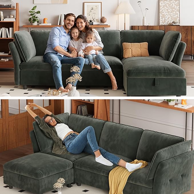 97 Modular L-Shaped Sectional Cloud Couch with Storage Ottoman - Velvet Deep Seating Sofa Set with Pillows Convertible 3-Seater for Living Room Apartment Office (Green)