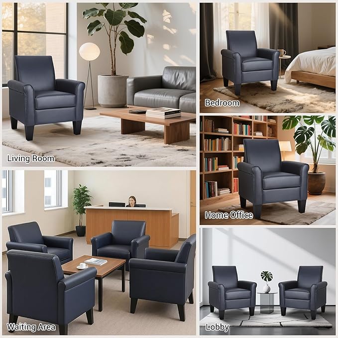 Lohoms Mid-Century Modern Leather Accent Chairs Overstuffed Leather Living Room Chair Upholstered Comfortable Club Chair PU Leather Armchair for Bedroom Office Waiting Room -Dark Blue