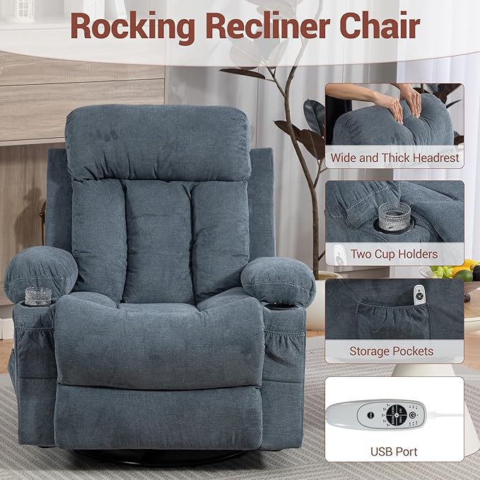 Swivel Recliner Chair for Adults w/Vibration Massage and Heating 360° Rocker Glider Recliner w/Cup Holder and USB Charge Port for Living Room Bedroom Blue