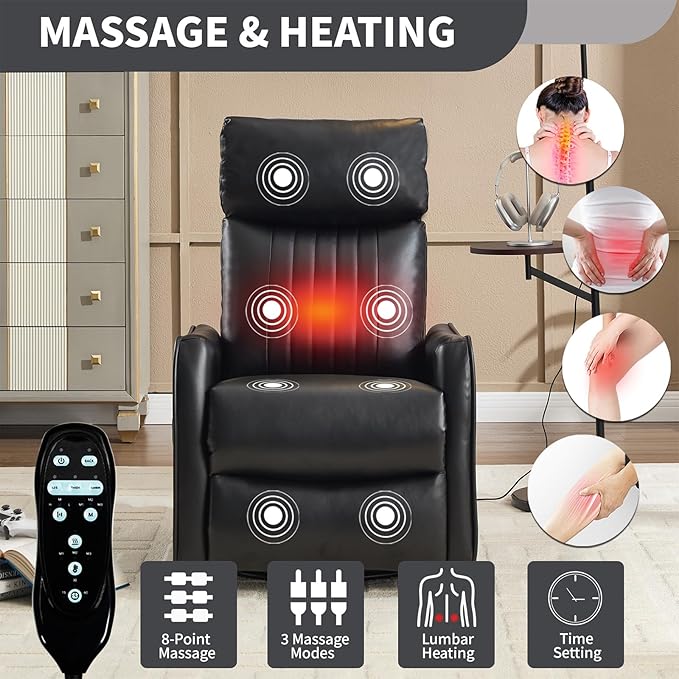Massage Recliner Chair with Heat Slim Recliners for for Adults Swivel Rocking Chair Recliner with High Back Small Recliner Chair for Small Spaces Living Room Adjustable Footrest (Black)