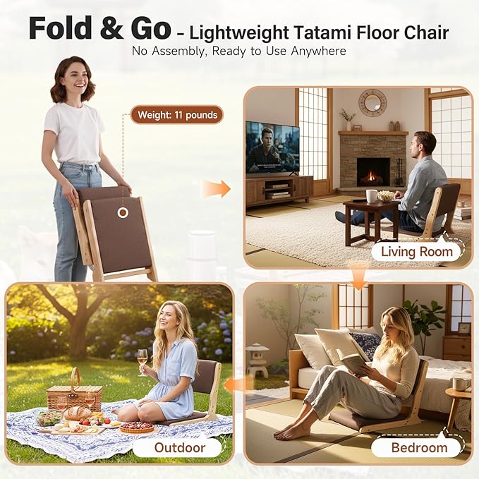 Tiita Foldable Tatami Chair Japanese Floor Chair Wood Legless Back Rest Chairs with Cushion Accent Meditation Floor Chairs Bay Window Wood Brown