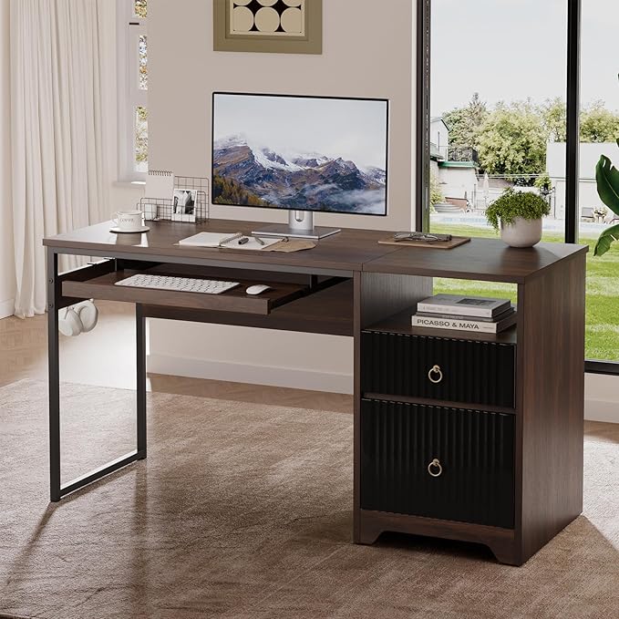 Bestier 55 Inch Computer Desk with Keyboard Tray Modern Office Desk with Storage Wood Writing Desk with File Drawer Fluted Panel &amp 2 Hooks for Home Office &amp Studio Cherry