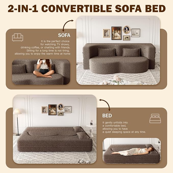 Newfun 78 Convertible Sofa Bed 2 in 1 Folding Couch Bed Futon Sofa Bed with Two Pillows Loveseat Sofa for Living Room Bedroom Lounge Compressed Modern Sofa No Assembly Required (Brown)