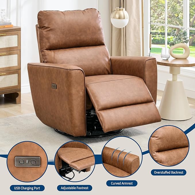 GarveeHome Power Recliner Chair 270° Swivel Rocking Glider with USB Charging Port PU Leather Upholstered Fabric Ergonomic Modern Nursery Chair for Living Room Bedroom Nursery (Brown)