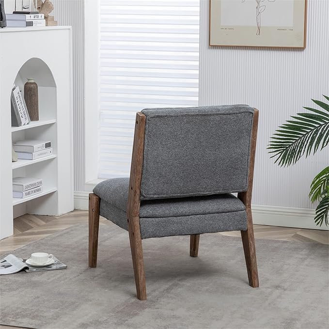 Chenille Single Accent Chair Wooden Legs Padded Upholstery High Density Foam Small Modern Armless Chair for Living Room Bedroom Dark Grey