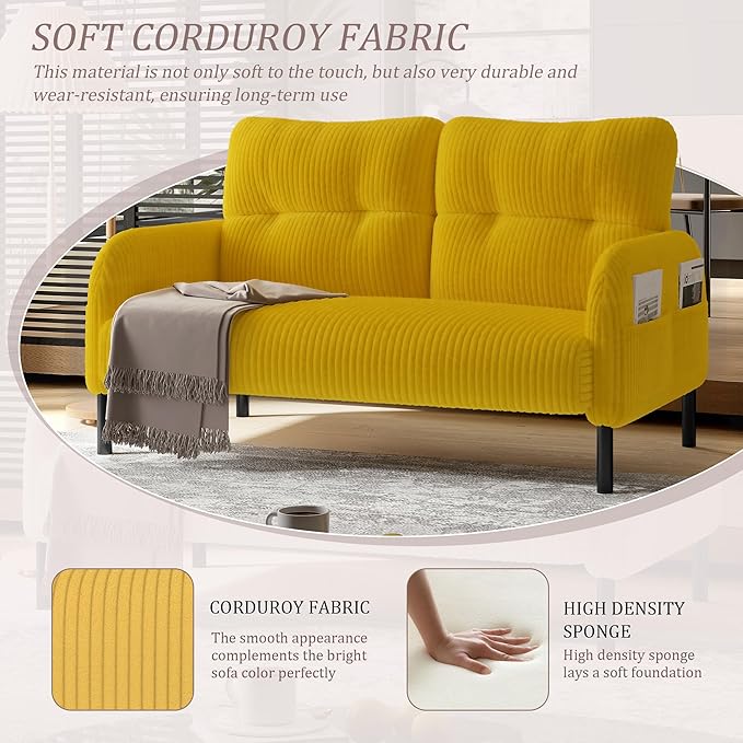 Small Couch Mid Century Modern Loveseat for Small Spaces 2 Seat Corduroy Couches with Side Pockets for Bedroom Living Room Office (Yellow)