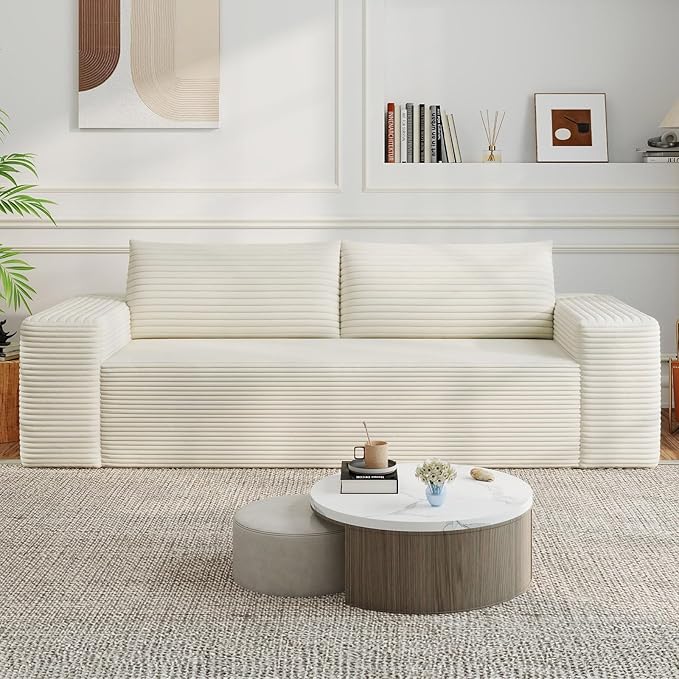 71 Loveseat Sofa Boneless Loveseats for Living Room No Assembly Required Corduroy Love Seat for Small Spaces Bedroom Apartment Office White