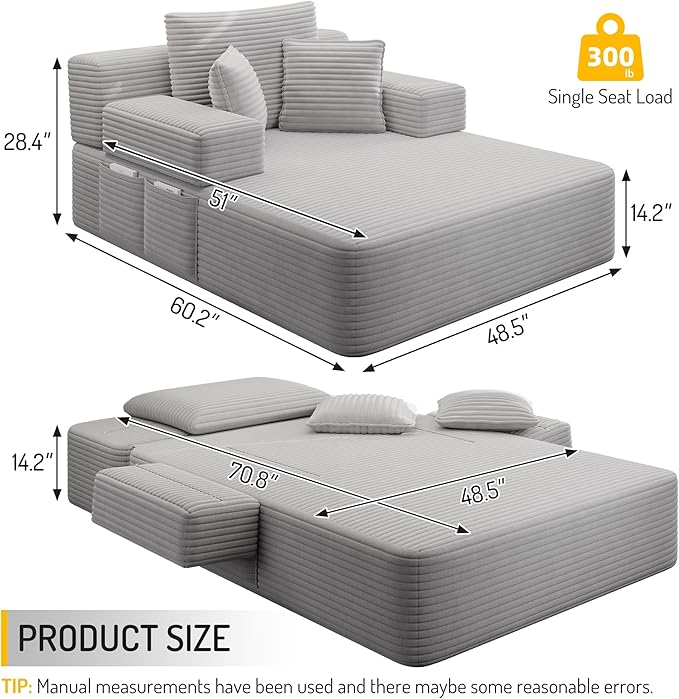 70W Oversized Chaise Lounge Chair Indoor with Adjustable Backrest &ampStorage 2 in 1 Convertible Sleeper Sofa Bed Compression Foam Boneless Couch for Living Room Bedroom Plush Corduroy Light Grey