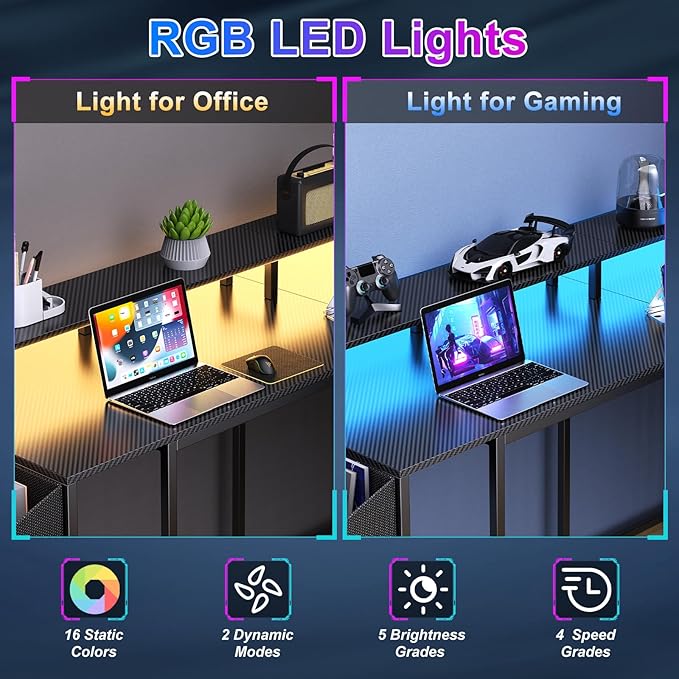 L Shaped Gaming Desk with Power Outlets &amp LED Lights 53 inch Corner Computer Desk with Monitor Stand and Storage Bag Home Office Desk Table for Bedroom Dual Workstation Carbon Fiber Black