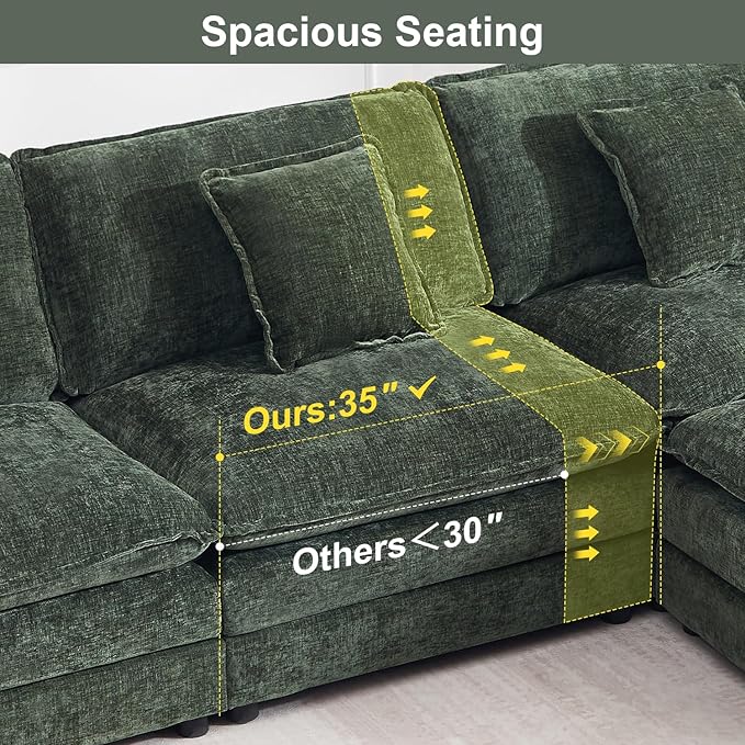 105 Modular Sectional Sofa Large L Shaped Sectionals Cloud Couch Big Comfy 3-Seat Couch with Ottoman 4 Seater Chenille Sectional Sofa with Deep Seat and 5 Pillows for Living Room- Green