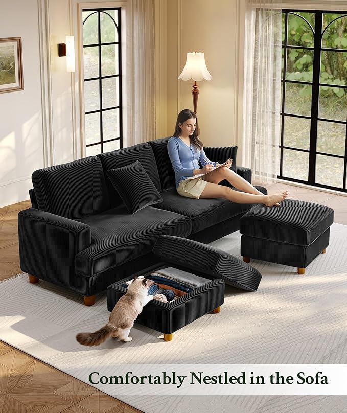25.2 Couches for Living Room Comfy Black Ottoman with Storage Foot Rest Tool-Free Setup Small Ottoman Foot Rest for Couch Corduroy Couch for Bedroom Apartment Office