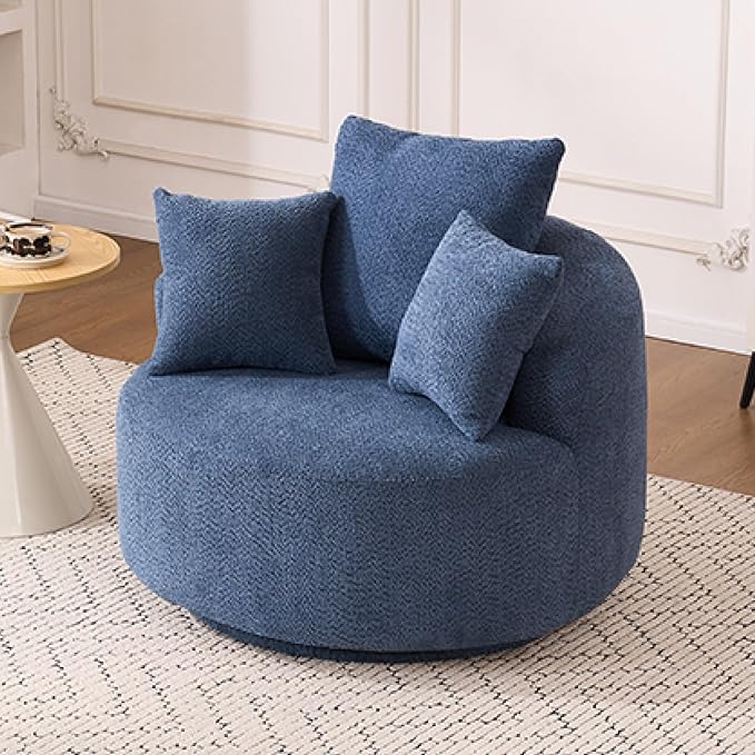 Yoglad 38.58'' Swivel Round Chair Comfy Boucle 360° Accent Chair with Thick Cushion Oversized Modern Single Sofa with 3 Pillows Soft Armchair for Nursery Living Room Bedroom Office (Blue)