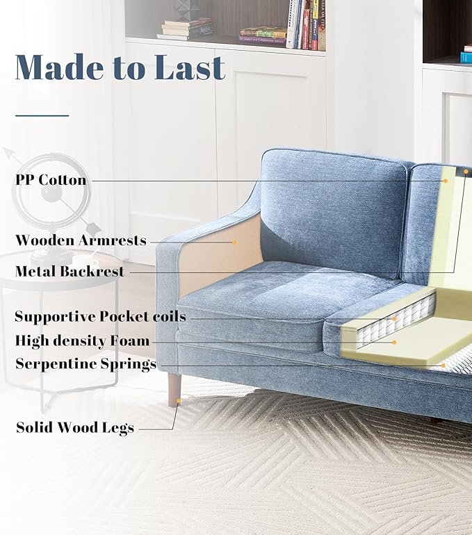 Kingfun Living Room Furniture Sets 3 Seater Couch and Armchair Mid Century Modern Sofa Set Chenille Couch with Solid Wood Frame for Living Room &amp Bedroom Light Blue