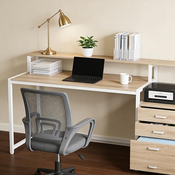 63 Inch Computer Desk with Monitor Stand 2-Tier Home Office Desk with Storage Drawers Modern Gaming Writing Study Table for Home Office Bedroom (Natural 63 Inch)