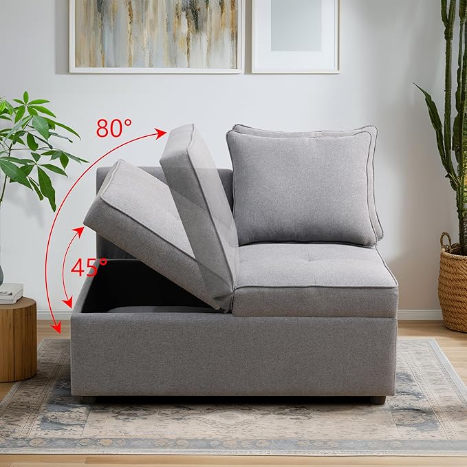 Convertible Ottoman Sofa with Storage Modern Sackcloth Futon Couch with 2 Pillows Adjustable Backrest Recliner Folding Loveseat for Living Room Apartment Dorm OfficeGrey