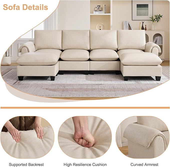 118 Faux Leather Modular Sectional Sofa with 2 Ottoman Oversized 4 Seater Couch with Curved Armrests Cloud Modern U-Shaped Sofa Deep Seat for Living Room Beige