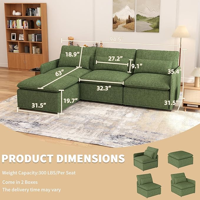 L Shaped Sectional Couch 94.5 Sectional Cloud Couch for Living RoomFluffy Modular Sofa with Textured Corduroy3 Seaters with OttomanPet-Friendly Comfy Modern Deep Seat Sofa SetGreen