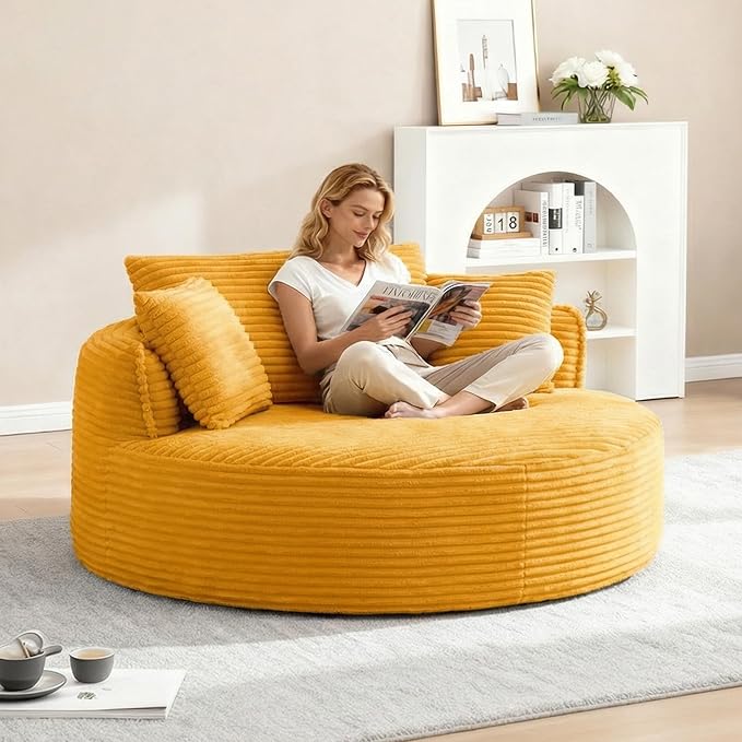 Oversized Round Chair Lounge Chaise Indoor 53.5 Corduroy Boneless Round Chair Fluffy Single Deep Seat Cloud Sofa Chairs Modern Circle Chaise Lounge for Bedroom Living Room Yellow