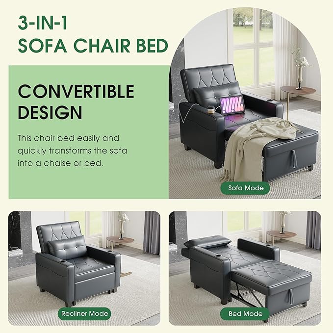 AILEEKISS 3 in 1 Convertible Sleeper Chair Bed Pull Out Sofa Chair Bed with Cup HoldersUSB &amp Type C PortsSide Pockets Linen Fabric Sleeper Single Sofa Couch for LivingroomApartmentOffice (Blac
