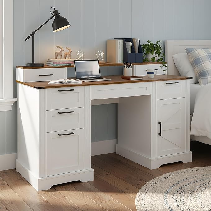 59-Inch Computer Desk with Power OutletsFarmhouse Executive Desk with File Cabinet DrawerLarge Office Desk with 6 Drawers and Desktop Movable ShelvesWriting Study Table for Home Office (White)