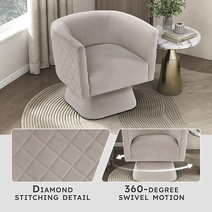 Lexicon 360 Degree Swivel Accent Chair Modern Comfy Velvet Barrel Chair Diamond Stitched Details Plush Foam Cushions Metal Swivel Base for Living Room/Bedroom/Apartment/Office Taupe