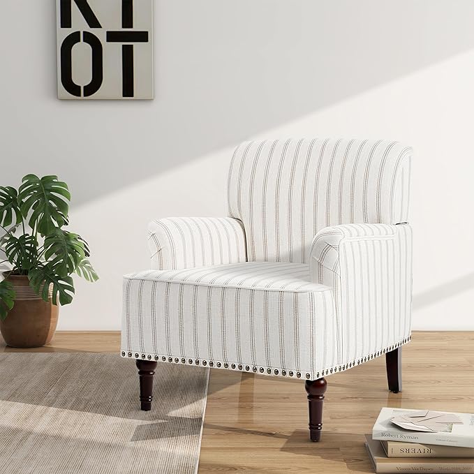 Accent Chair Mid Century Modern Comfy Armchair for Living Room Linen Fabric Single Sofa Lounge for Reading Bedroom Apartment Waiting Room with Wood Legs (Pinstripe Light Brown Set of 1)