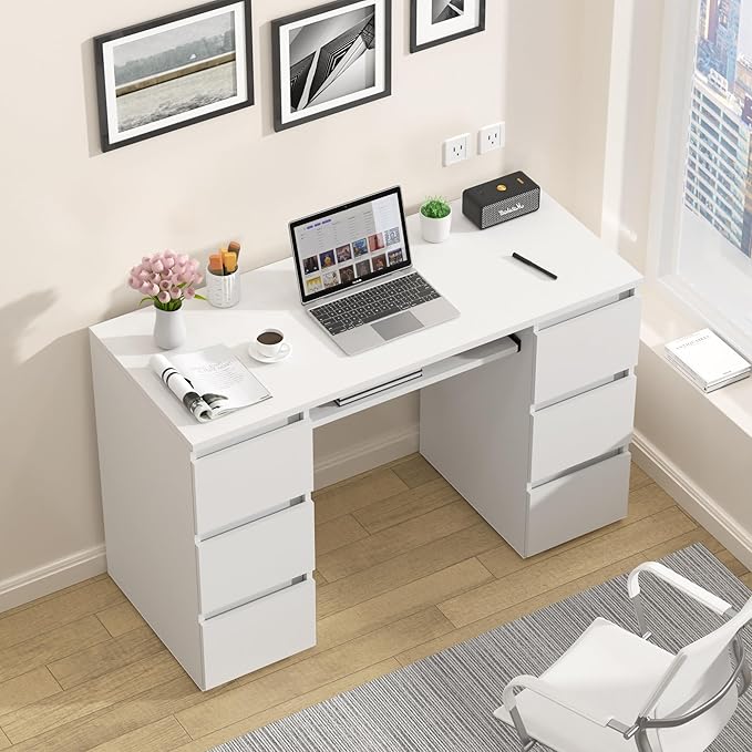 Computer Desk with 6 Drawers 47'' Home Office Desk with Storage &amp Keyboard Shelf White Gaming Desks Wood Vanity Desks for Bedroom Modern Corner Writing Table for Work Study (White)