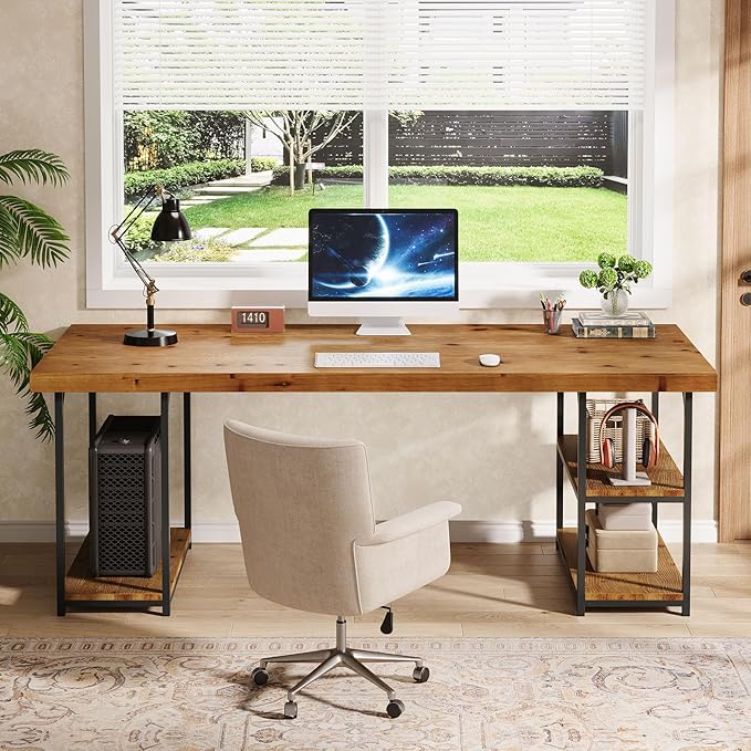 Tribesigns 71-Inch Solid Wood Long Desk with Shelves Industrial Home Office Desk Large Executive Office Computer Table Writing Gaming Workstation for Office Living Room Light Brown &amp Black