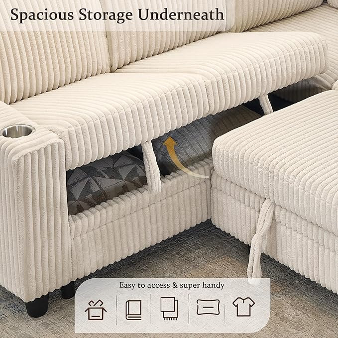 KEIKI 81 L-Shaped Oversized Corduroy Modular Sectional Sleeper Sofa with Pull-Out Bed Storage Seat Modern 5-Seater Upholstered Couch Bed with Charging Station Easy Assembly for Living Room Beige