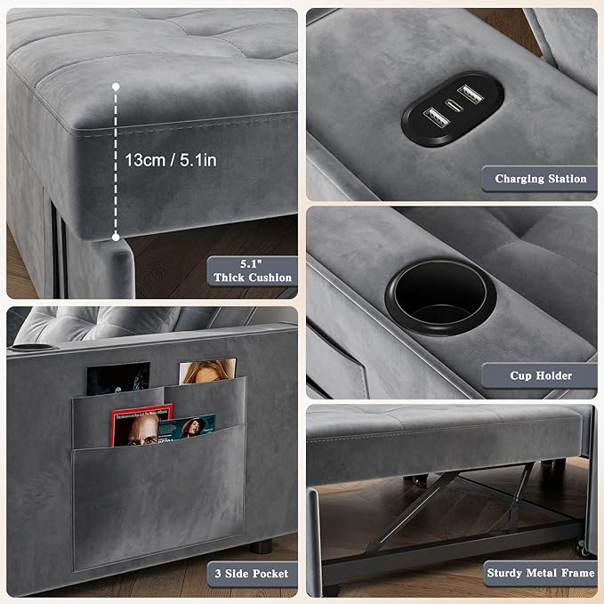 68 3-in-1 Convertible Sofa Bed Adjustable Backrest Pull Out CouchLoveseat Sleeper Bed with Charging Station Cup Holder 2 Pillows Side Pockets for Living RoomGuest Bedroom Apartment