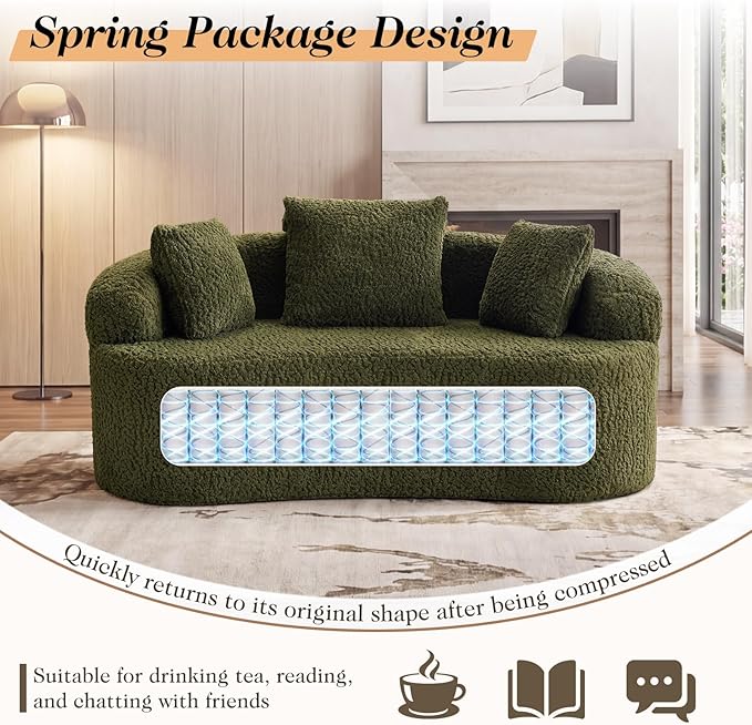 Curved Couch Loveseat Sofa Luxury Deep Seat Loveseat Sofa Couch for Small Place Modern Cloud Couch Floor Couch with 3 Pillows for Living Room &amp Bedroom No Assembly Required (Green)