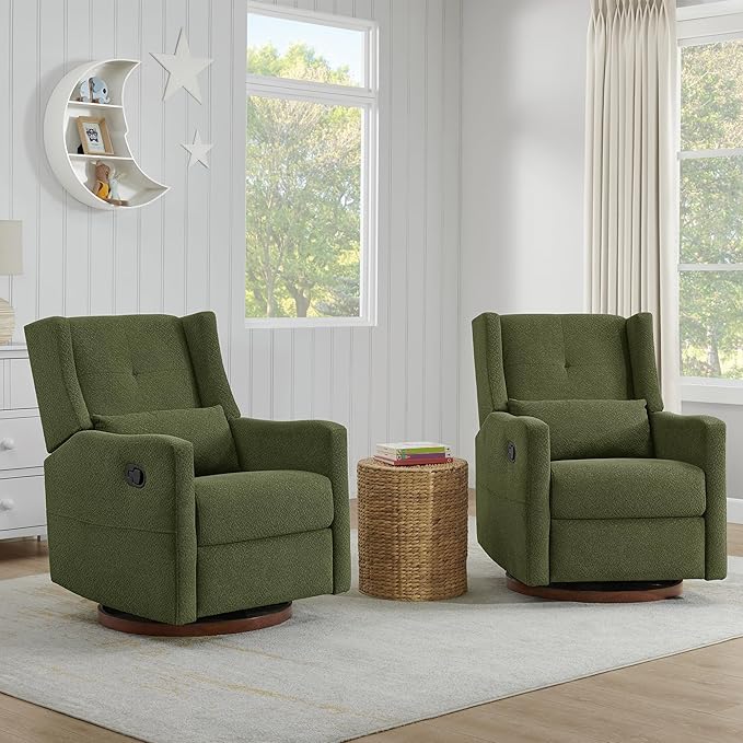 Swivel Rocker Recliner Chair Nursery Glider Recliner with Wood Base Manual Rocking Comfy Upholstered Fabric Reclining Single Sofa for Nursery Bedroom Living Room