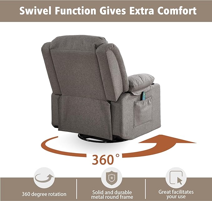 Rocker Swivel Recliner Chair for Adults Overstuffed Large Manual Recliner Glider with Massage and Heat Comfy Soft Fabric Living Room Reclining Sofa Chair (Smoked Gray)