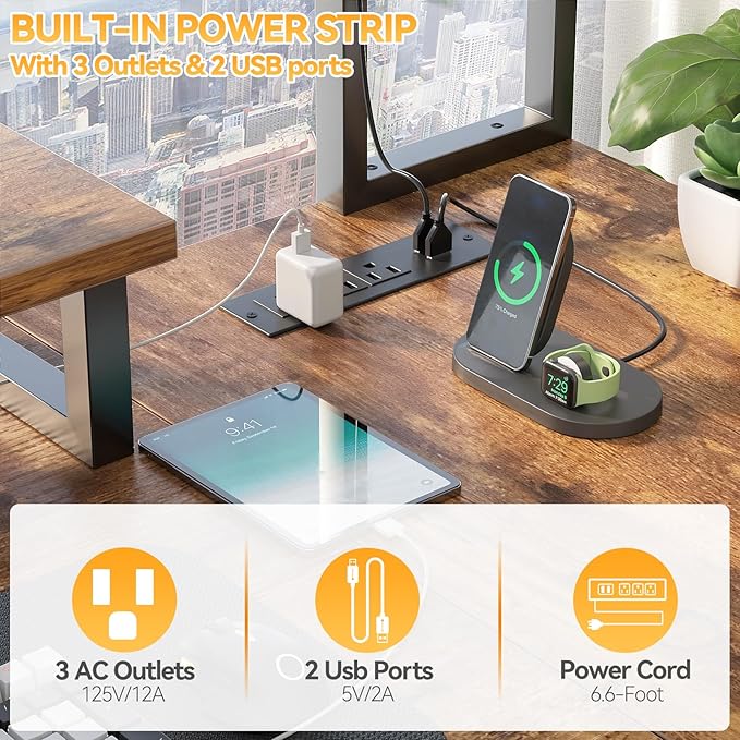 Aheaplus Small L Shaped Gaming Desk with LED Lights &amp Power Outlets Reversible L-Shaped Computer Desk with Monitor Stand &amp Storage Shelf Corner Desks Home Office Desk with Storage Bag Rusti