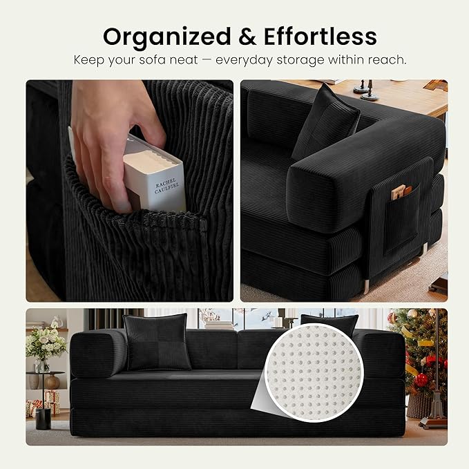 Convertible Floor Sofa Couch | 98.4’’ Folding Futon Sofa with Storage Pocket Oversized Corduroy Loveseat Sleeper Sofa with Pull Out Bed Modular Sectional Sofa for Apartment | Black