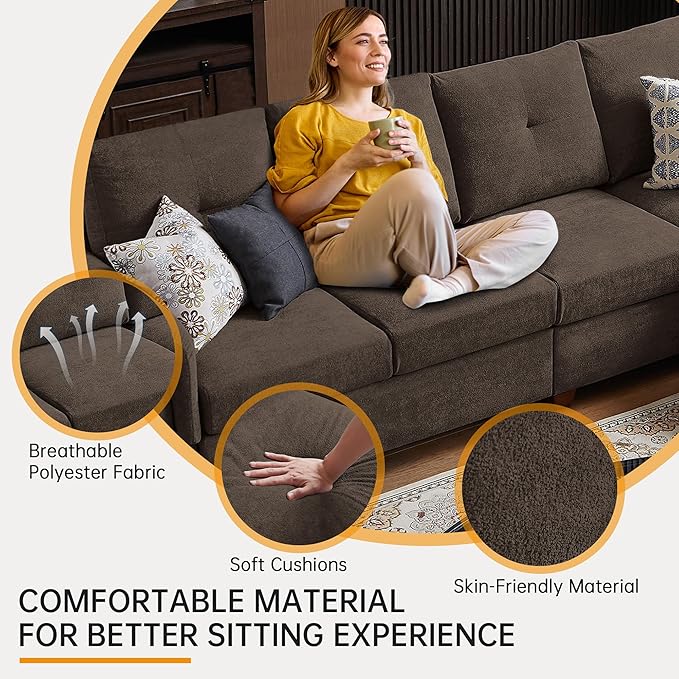 Convertible Sectional Sofa with Storage 4 Seat L Shaped Couch with Chaise and Cup Holder Modern Microfiber Fabric Sofas Couches for Living Room Dark Coffee